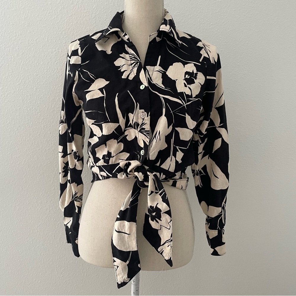 Panama Jack Linen Blend Tie Front Button Up Shirt Women’s Small Black Tan Floral